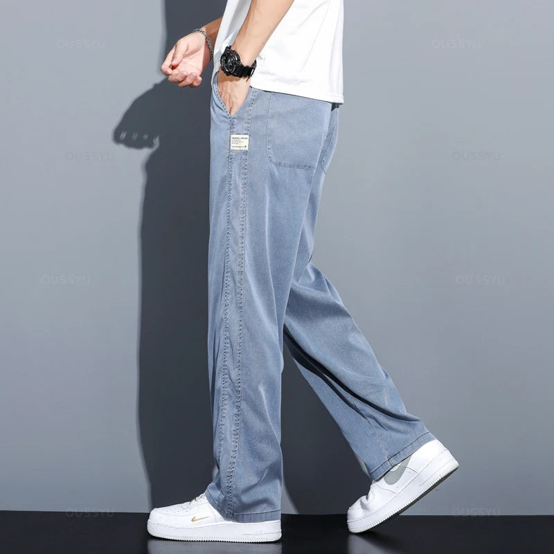 Summer Thin Soft Lyocell Fabric Jeans Men Loose Straight Wide Leg Pants Drawstring Elastic Waist Casual Trousers Plus Size M-5XL ATFH