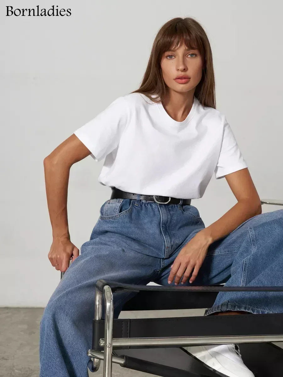 Bornladies Summer 100% Cotton Women's T-shirt Bottoming Basic Fashionable Solid Lady Short Sleeve Loose Tops Shirts 230g/㎡ Tops - ATFH