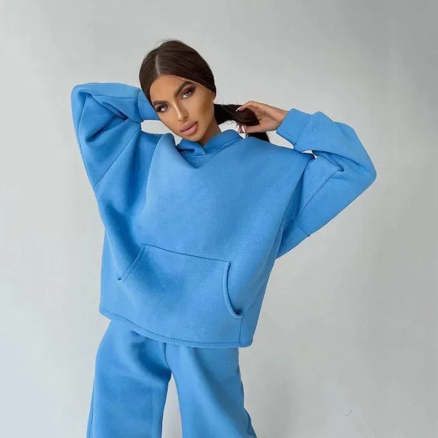 2025 New Autumn Winter Hooded Pocket Loose Sweatshirt Set Women Multi Color Options Casual Sport Two Piece Outfit