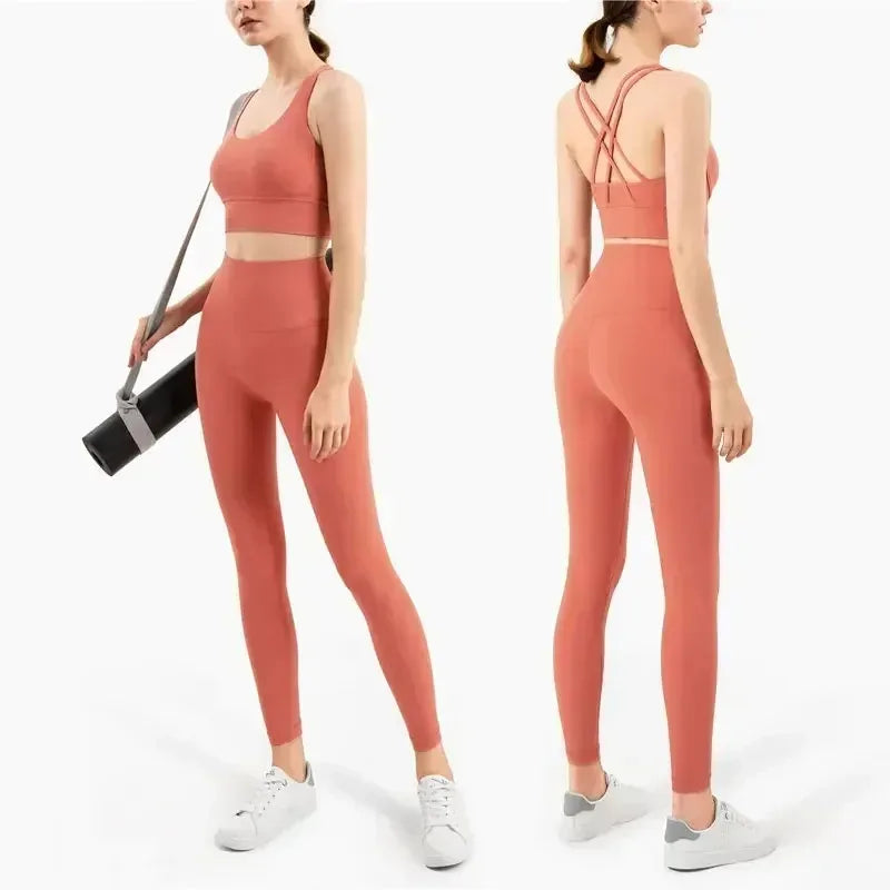 Women's 2 Piece Sports Set - High Waist Booty-Lifting Leggings with Back Pocket & Sports Bra Yoga/Gym/Running Workout Outfit - ATFH