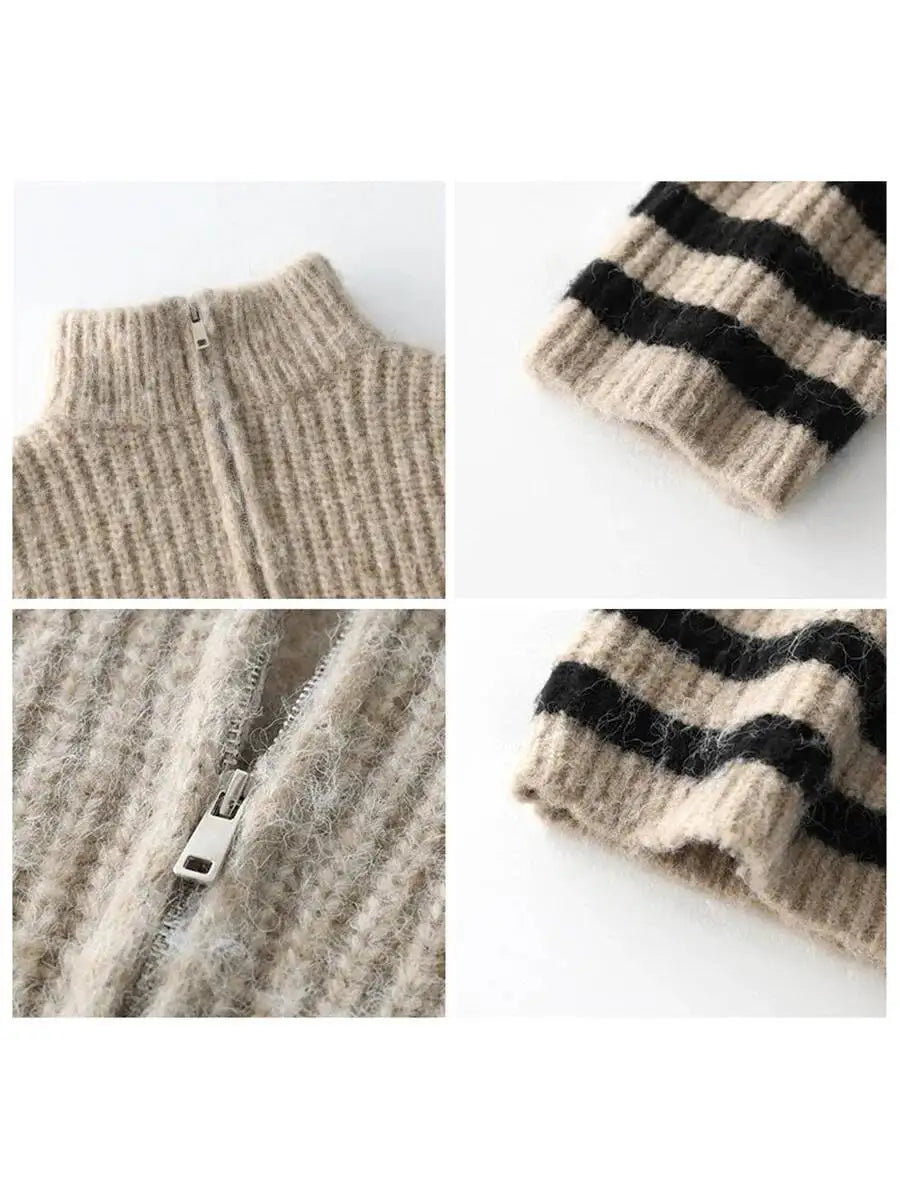 UMI MAO Women's Sweaters Turtleneck Zipper Contrast Stripe Jumpers Thickened Pullovers Warm Female Coat Autumn Winter - ATFH