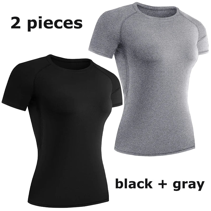 Women's Compression Shirt Short Sleeve Athletic Yoga Running T-Shirt Summer Gym Workout Quick Dry Stretchy Tees Tops Baselayer - ATFH