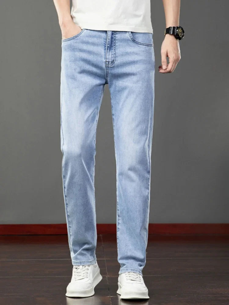 2026 Summer Men's Jeans Slim Fit Jeans Thin Stretch Straight Light Business Casual Denim Long Pants Male Classic Style Brand ATFH