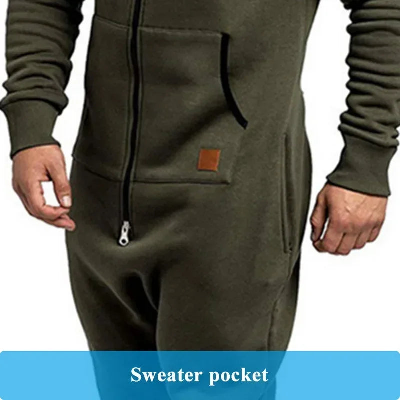 New Custom Design Jumpsuit Pajamas Long-sleeved sports pants solid color splicing casual sweater men's zipper hoodie - ATFH