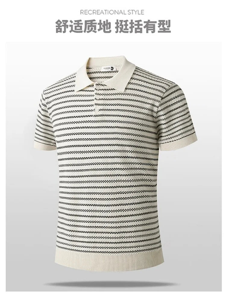 New Summer Fashion Trendy Ice Silk Breathable Striped Polo Shirt Men's Casual Loose Sports High Quality Short Sleeve T-Shirt