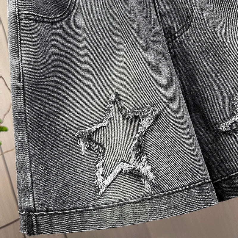 L-6XL Plus Size Denim Shorts For Women Summer 2025 High Waist Black Loose Wide Leg Short Jeans Women Star Large Size Short Jeans ATFH