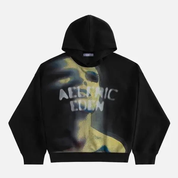Aelfric Eden Menswear Pullover Hoodie - Unisex, Relaxed Fit, Heavyweight Cotton, Longsleeves, Abstract Portrait Graphic, Distorted Figure Print, Thermal Top for Casual Streetwear Sweatshirts,Back to School,Back to School Shop
