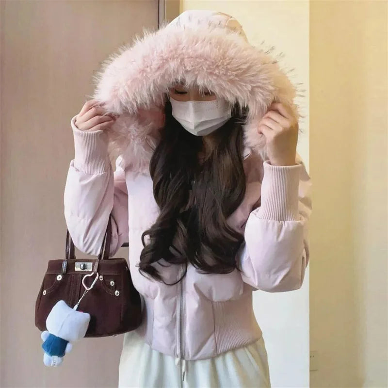 Korean Cotton Jacket Women's Short Winter 2026 New Item Small Cotton Jacket Big Fur Collar Waist Slimming Cotton Jacket Pink