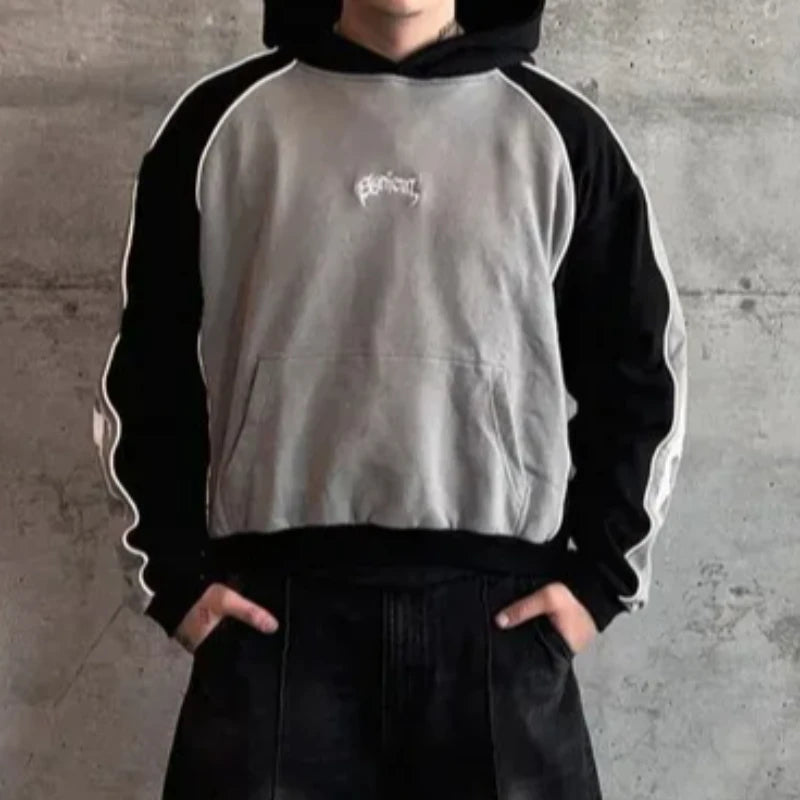 Y2K Retro Street Trend Coat Men's Women's European American Personalized Embroidery Color Blocked Long Sleeved Pullover Hoodie - ATFH