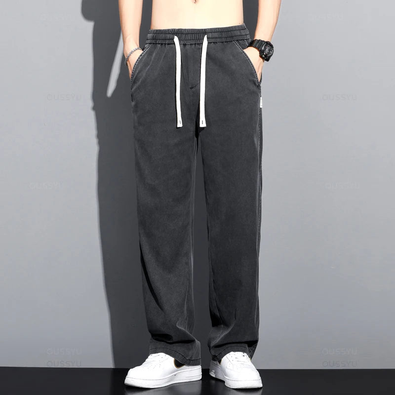 Summer Thin Soft Lyocell Fabric Jeans Men Loose Straight Wide Leg Pants Drawstring Elastic Waist Casual Trousers Plus Size M-5XL ATFH