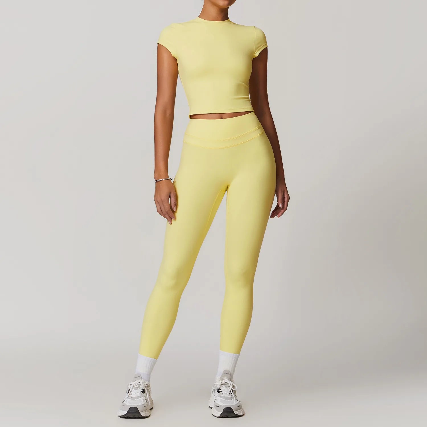 mikeyoga 2PCS Yoga Set Women Sportswear Workout Clothes Athletic Wear Gym Legging Fitness Bra Crop Top Short Sleeves Sports Suit - ATFH