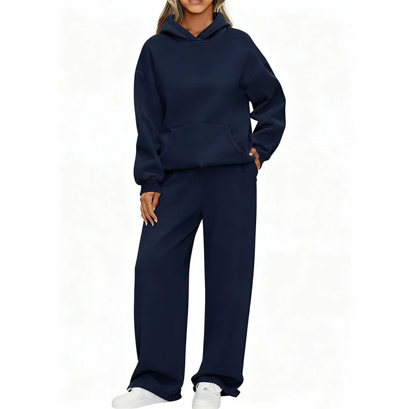 Autumn Winter Women Hoodie+Wide leg pants two pieces Casual pullover loose long sleeve tracksuit comfortable sports Women suit