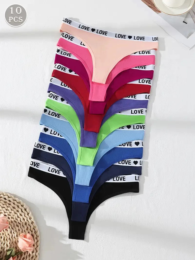 10Pcs Sexy Women Thongs Low Waist Panties Underwear Letter Girls Briefs Cotton G-String Breathable Ladies Panty Female Lingerie