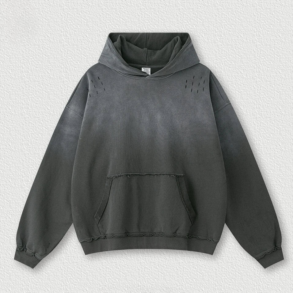 Custom LOGO men's 2025 autumn 370G heavy 100% cotton gradual change hole hooded sweater straight trousers set - ATFH