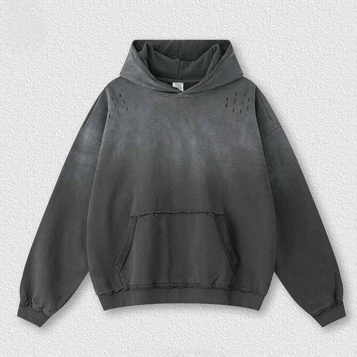 Custom LOGO men's 2025 autumn 370G heavy 100% cotton gradual change hole hooded sweater straight trousers set - ATFH