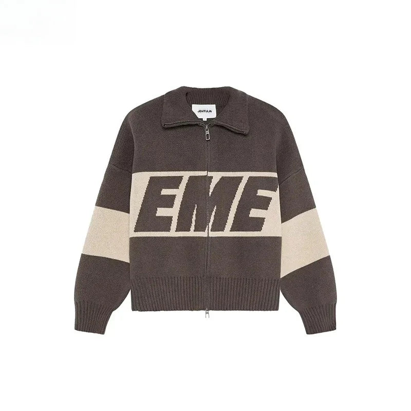 Retro Harajuku Spliced zipper Knit Sweater New Fashionable Casual Sweater Men American Y2k Letter Embroidery Clothing Women - ATFH