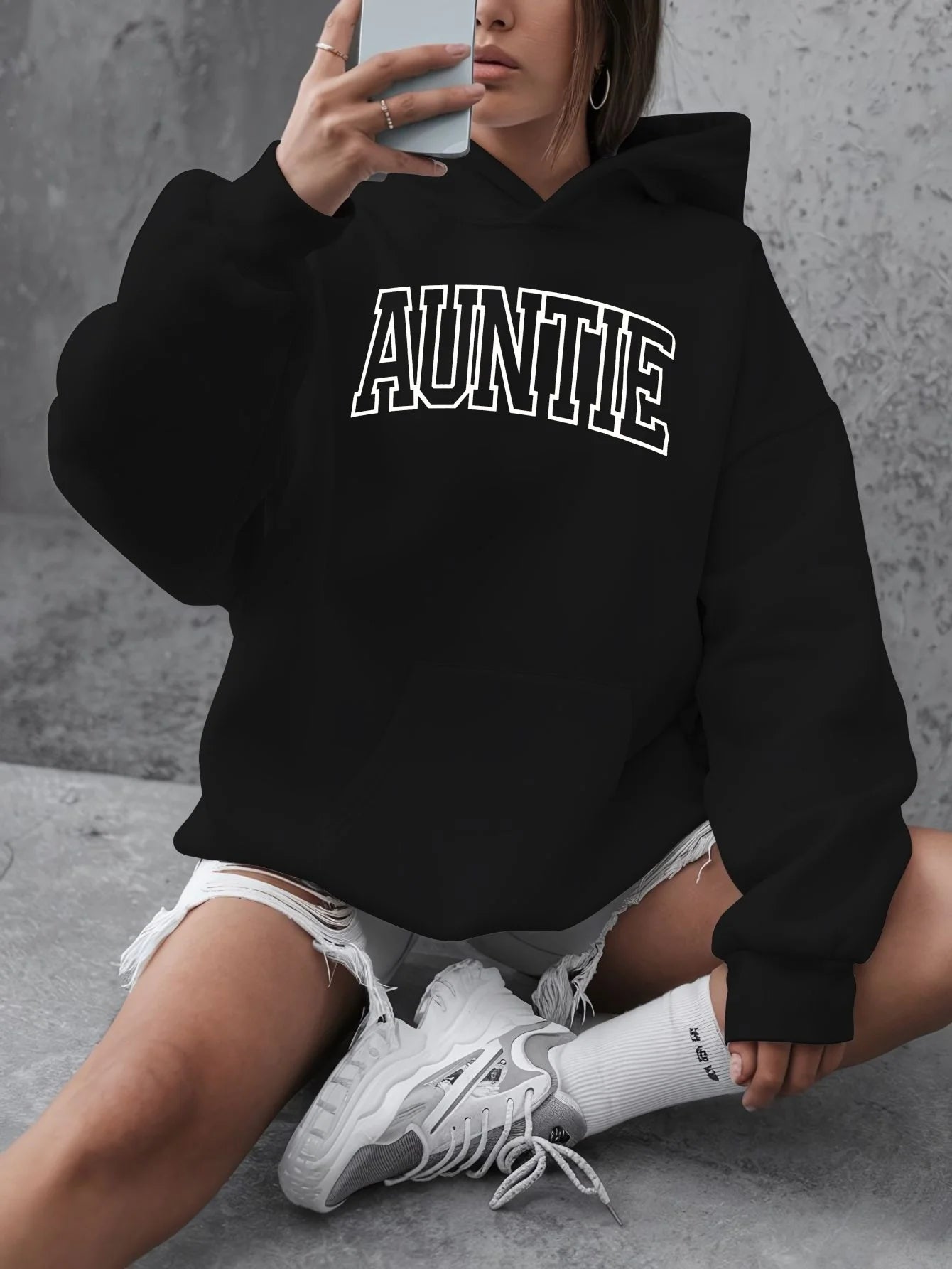 [Plus Size Hooded Sweatshirt] Women's Plus Size Casual Hooded Sweatshirt, "auntie" Print, Long Sleeve Pullover, Polyester 100% - ATFH