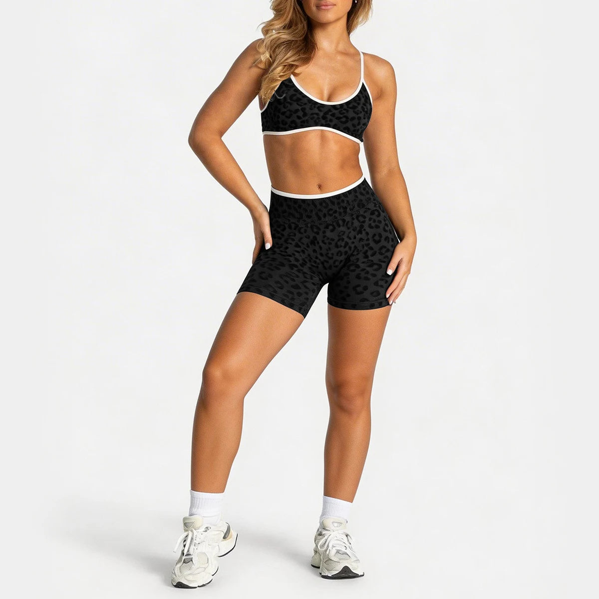 Women's Leopard Print Sports Bra & Shorts Yoga Set Workout Activewear Gym Suit