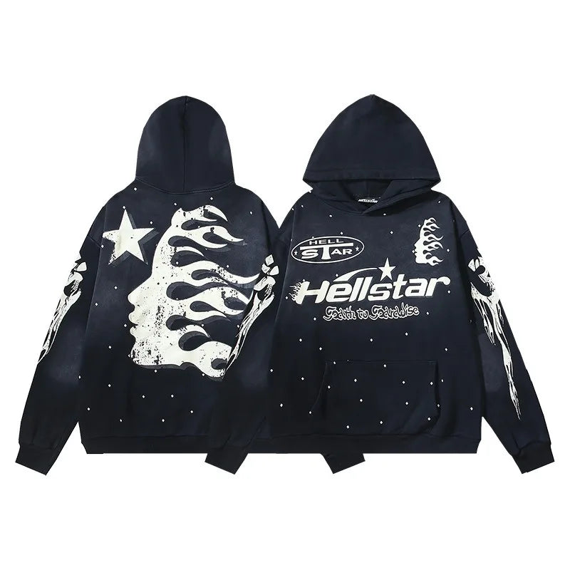 Hellstar Washed Distressed French Terry High Street Hoodie Sweatshirt Jacket Unisex Streetwear Vintage Outerwear