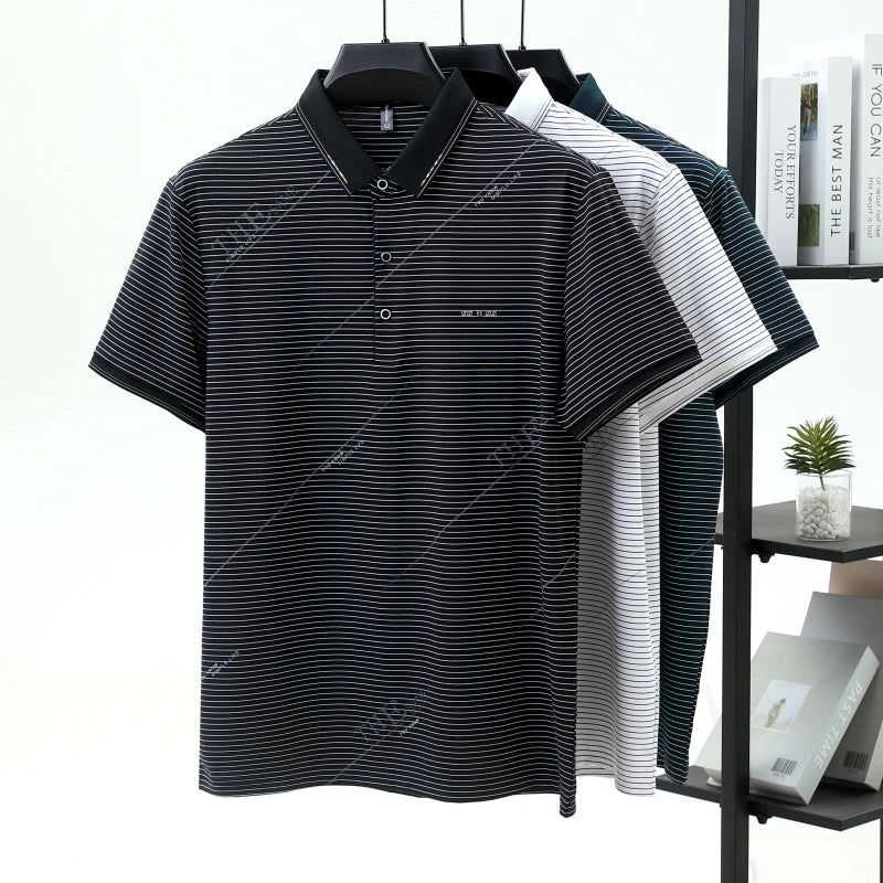 Light luxury stripe short sleeve men polo shirt summer trend brand letter embossed high-quality silky cotton breathable T-shirt