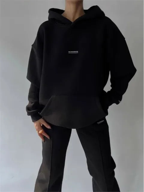 Women's Casual Hooded Sweatshirt Trousers 2 Piece Set Plus Velvet Warm Fashion Pocket Printed Letters Sports Ladies Trousers Set ATFH