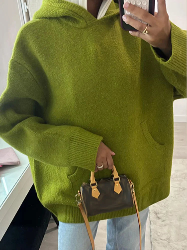 Fashion Lady Knitted Hoodies Sweater Long Sleeve Pocket Drop Shoulder Loose Solid Sweaters Autumn Winter Commuter All-match Tops - ATFH