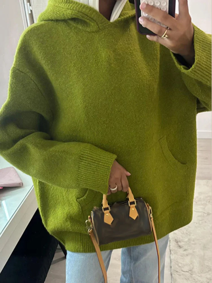 Fashion Lady Knitted Hoodies Sweater Long Sleeve Pocket Drop Shoulder Loose Solid Sweaters Autumn Winter Commuter All-match Tops - ATFH