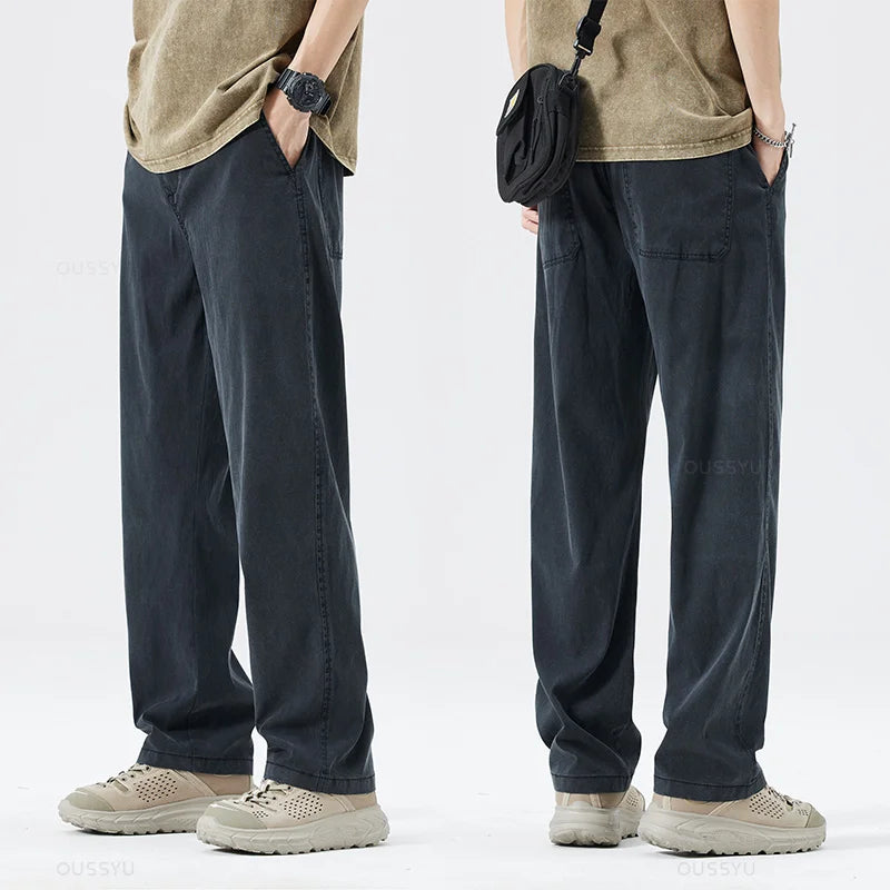 Summer Thin Soft Lyocell Fabric Jeans Men Loose Straight Wide Leg Pants Drawstring Elastic Waist Casual Trousers Plus Size M-5XL ATFH