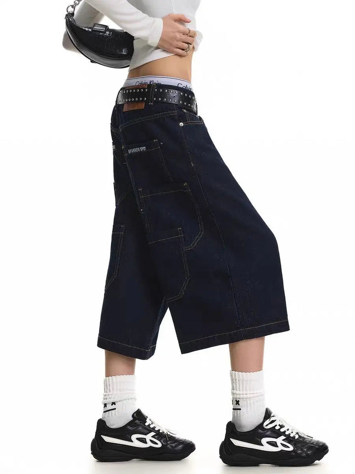 Summer Women's Multi-pocket Design Vintage Denim Shorts Y2k Cool Girl Wide Leg Pants Female Fashion Calf-length Trousers ATFH