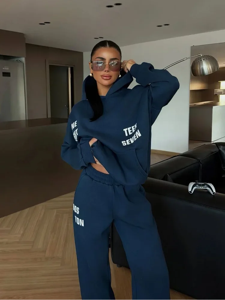 Casual Letter Hooded Sweatshirt Set Women Full Sleeve Hoodie Elastic Waist Straight-leg Pants Suit New Lady Spring Street Outfit