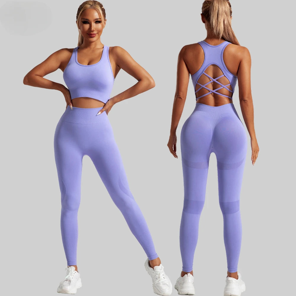 Seamless Yoga Set Two Piece Set Womens Outifits Workout Gym Set Fitness Clothing Tracksuit Backless Crop Top Leggings Sport Suit - ATFH