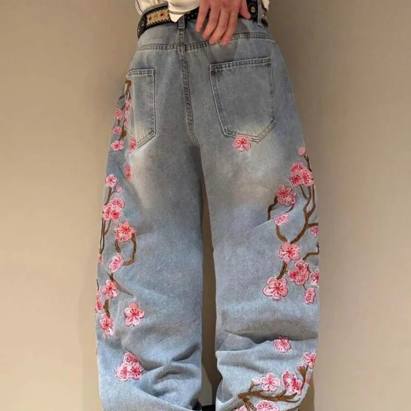 Harajuku Patchwork Cherry Blossom Embroidery Denim Pants Y2K Vintage Women Baggy Straight Wide Leg Jeans Street Men Clothes ATFH