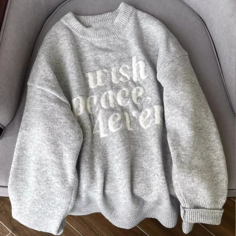 American Retro Letter Jacquard Gray Pullover Sweater for Women Autumn Winter Loose Soft Warm Street Knitted Top Women's Clothing - ATFH