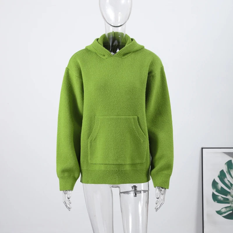 Fashion Green Knit Hooded Sweater Women Loose Long Sleeve Pocket Female Sweaters 2025 Autumn Winter New Lady Warm Pullovers - ATFH