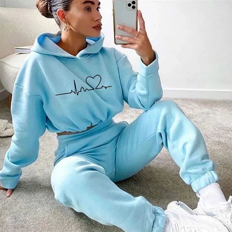 Women Hooded Tracksuit Sports 2 Pieces Set Sweatshirts Pullover Hoodies Pants Suit Home Sweatpants Trousers Outfits 2025