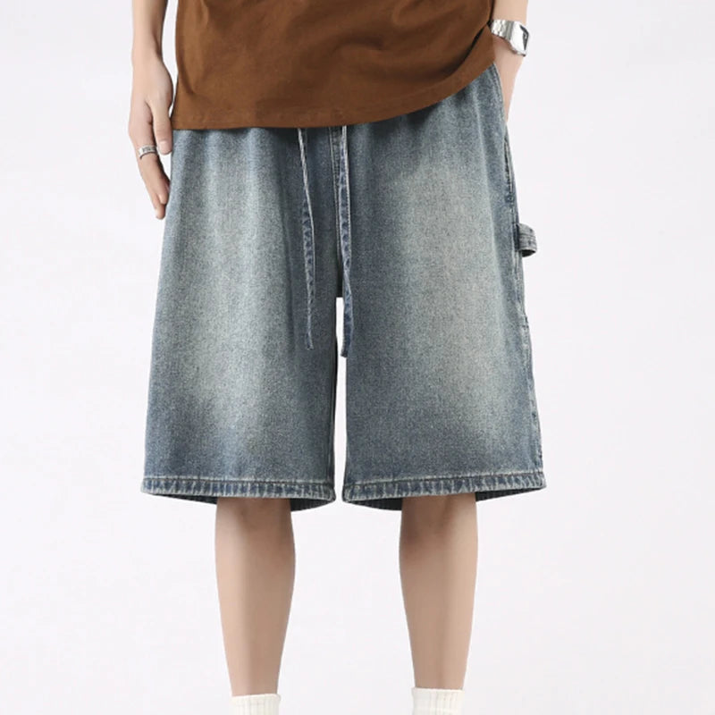 2026 Men's American Retro Carpenter Denim Shorts Summer Washed Casual Drawstring Loose Fit Cargo Jeans ATFH