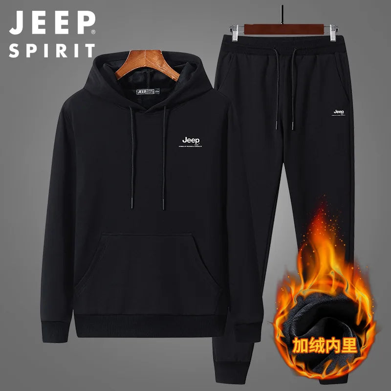 JEEP SPIRIT Suit Men Sweater Hoodie + Casual Trousers Sportswear Casual Autumn and Winter Plus Velvet Thick Warm Two-piece Set - ATFH