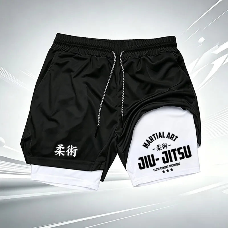 Martial Art Jiu-Jitsu Print Ufc Men's Double-Layer Sports Shorts, Quick Dry, Anti-Chafe, for BJJ, MMA & Fitness wx249