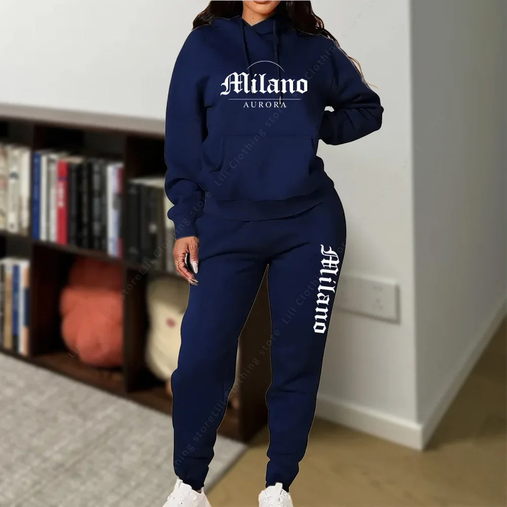 Matching Set for Woman Hoodies Sweatpants Set Fall Winter Athleisure MLANO Letter Print Fleece 2 Piece Womens Tracksuit 2026 New