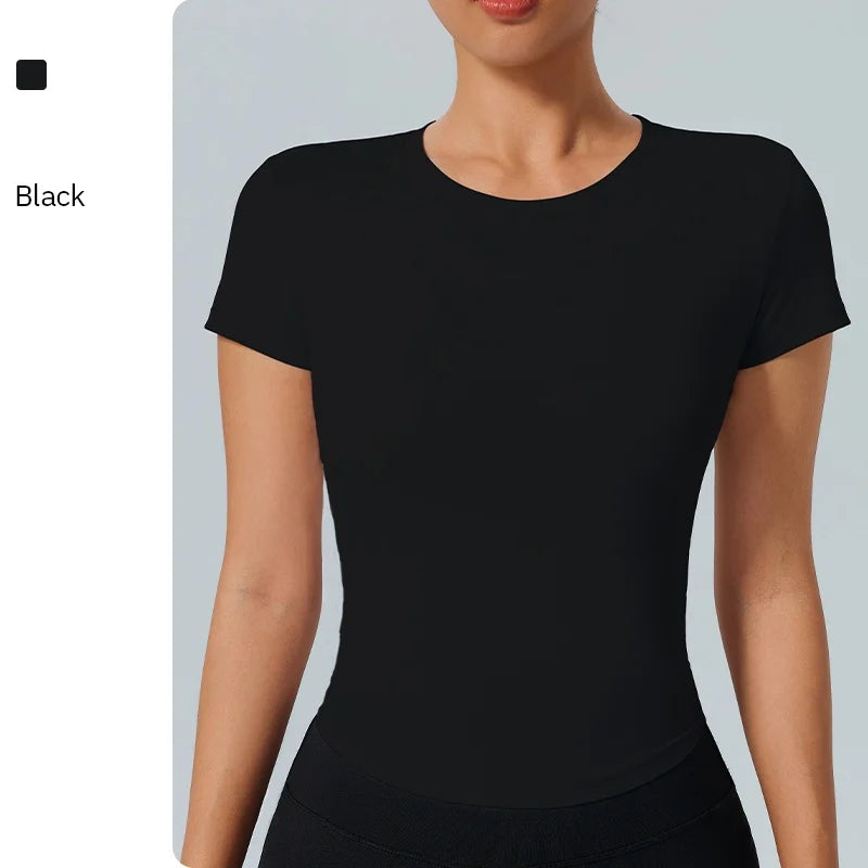 Women's Outdoor Fitness Yoga Top Round-Neck Short Sleeve Quick-Dry Compression T-Shirt for Running and Yoga - ATFH