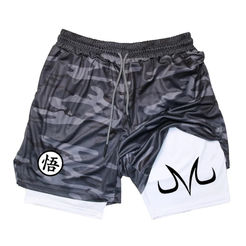 Fashionable men's printed fitness shorts, casual gym exercise, sports, quick drying knitting, double-layer, 2-in-1, summer, bran