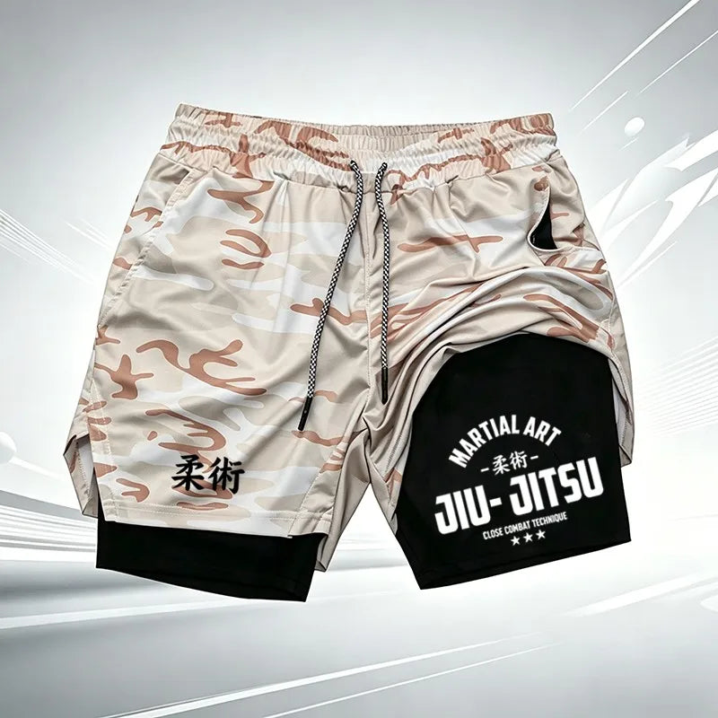 Martial Art Jiu-Jitsu Print Ufc Men's Double-Layer Sports Shorts, Quick Dry, Anti-Chafe, for BJJ, MMA & Fitness wx249