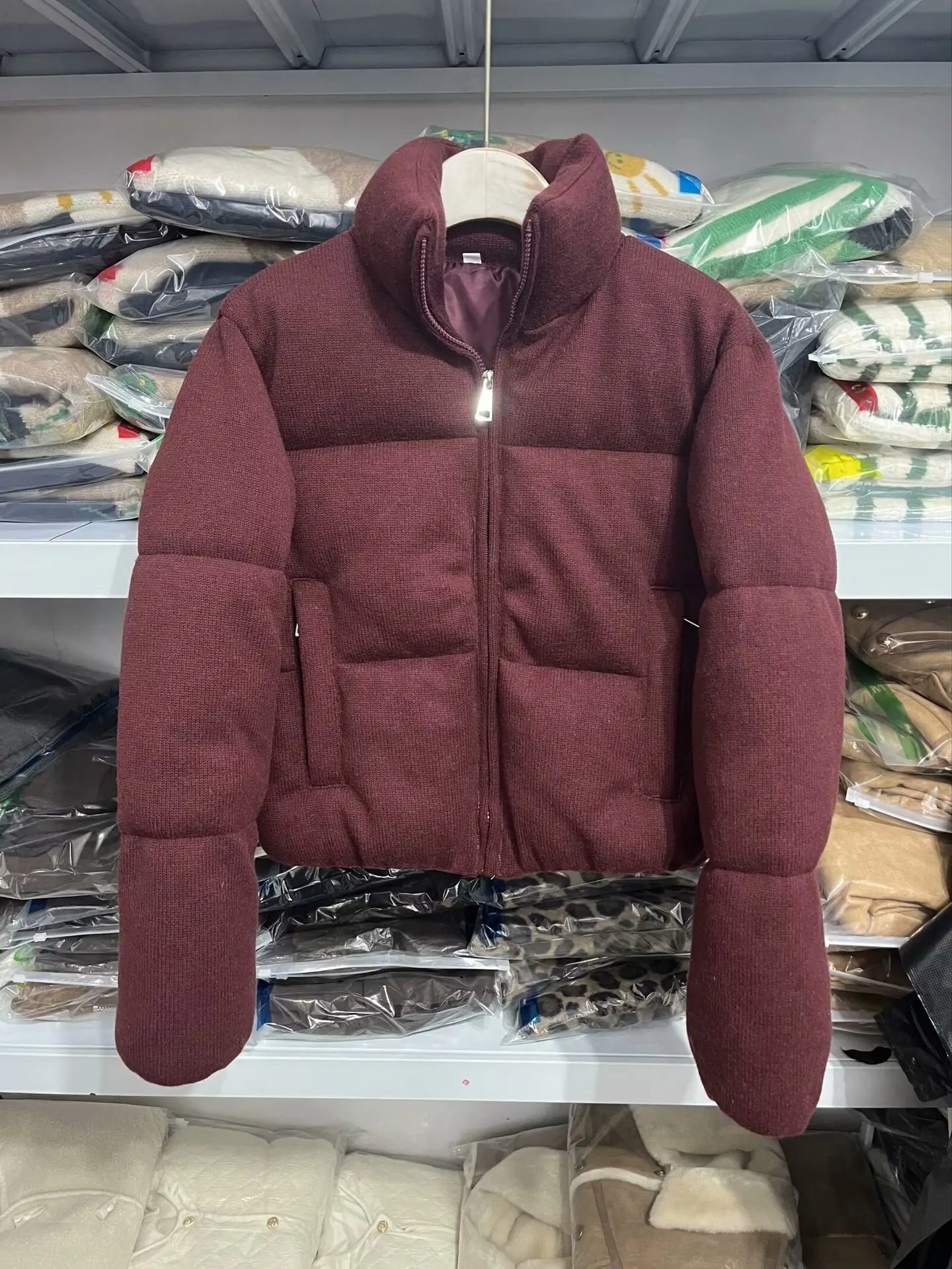 Fashion Knitted Cotton Jacket Coat Women Autumn Winter 2025 New Chic Thicken Warm Long Sleeved Stand Collar Zipper Short Coats ATFH