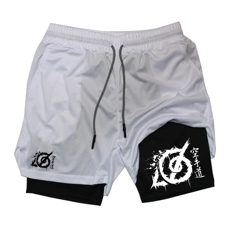 Karate Graphic 2 in 1 Workout Running Shorts for Men Gym Athletic Sport with Compression Liner Phone Pocket Towel Loop