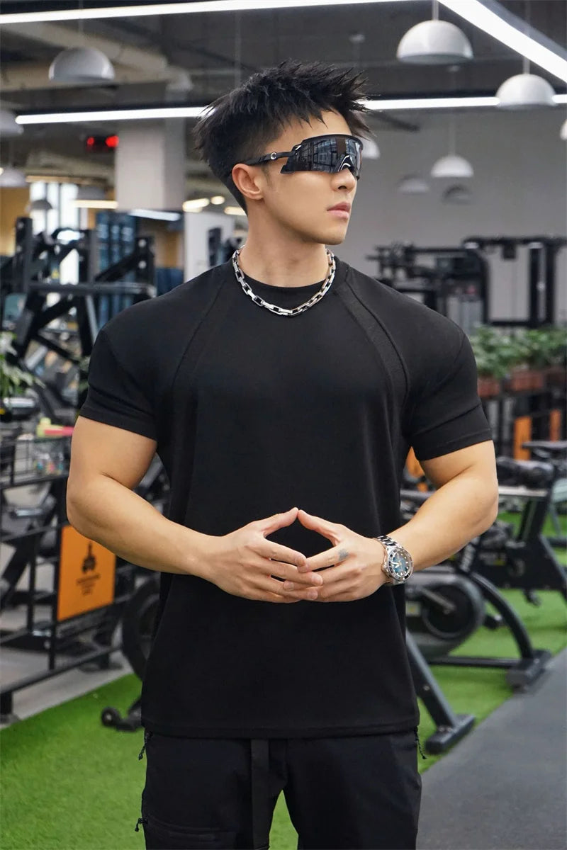 New Summer Leisure Running T-shirt Gym Training tops Elastic Quick Drying pure color Short sleeve sports T-shirt Men sportswear