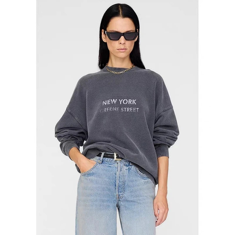 2026 Spring Autumn New Classic Letter Printing, Washing Water, Frying Colors, Old Black and Gray Women's Sweatshirt Pullover - ATFH