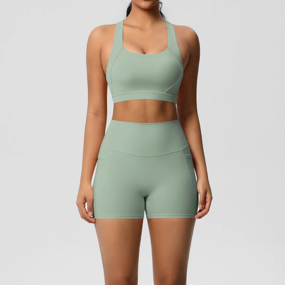 2PCS Sportswear With Pocketed Yoga Set Gym Clothes Yoga Suits For Women Tracksuits Sports Shorts Crossover Bra Gym Leggings - ATFH