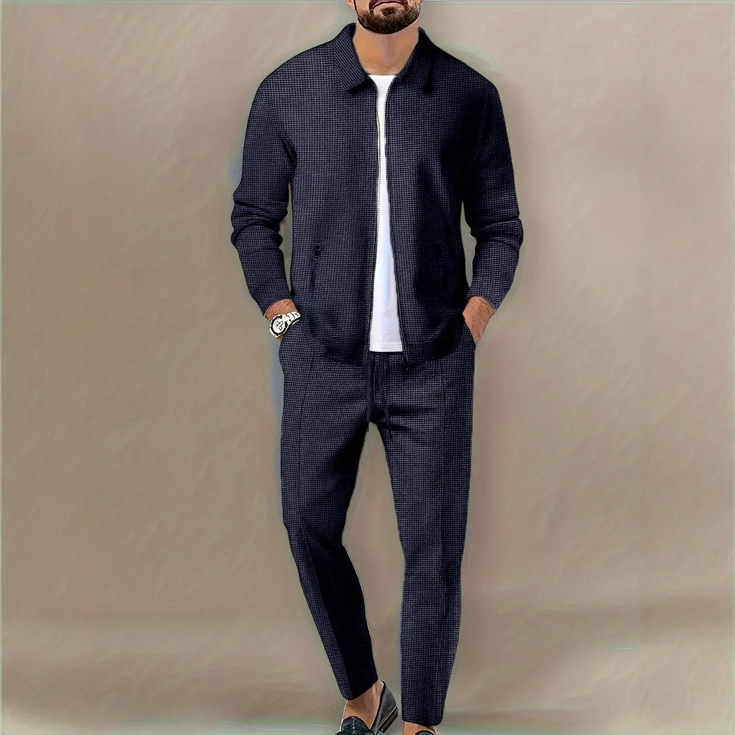 Men's Spring Waffle Two-Piece Set Casual Sports Suit with Zipper Long-Sleeved Jacket And Pants Collared - ATFH