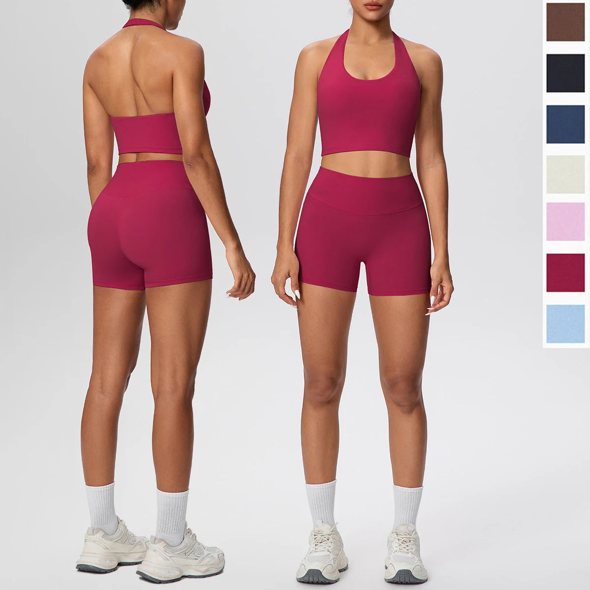 Woman Gym Yoga Set High Waisted Lifting Buttocks Sports Yoga Shorts Breathable Sexy Beautiful Back Halter Bra Chest Pad Yoga Set - ATFH