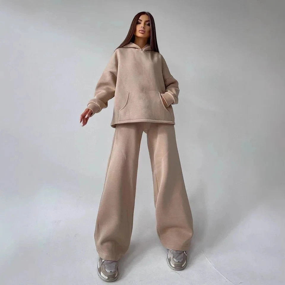 2025 New Autumn Winter Hooded Pocket Loose Sweatshirt Set Women Multi Color Options Casual Sport Two Piece Outfit